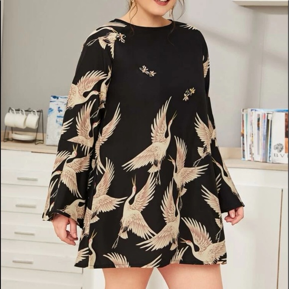 Dresses & Skirts - Boho Bird Crane Print Trapeze cut and  Sleeve Dress BLACK